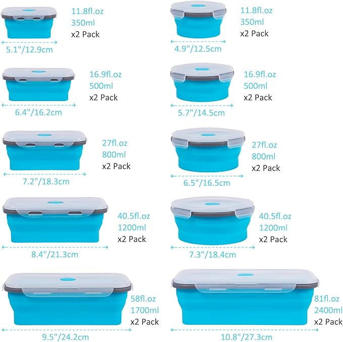 Collapsible Food Storage Containers with Lids 20 Pack(81oz/58oz Extra Large Included), 12 Rectangular+8 Round, Annaklin Silicone Collapsible Food Containers Sets Microwave Freezer Dishwasher Safe Blue