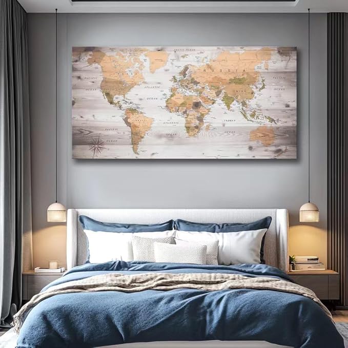canvas Wall Art 24“x48"lagre map of the world Painting Ready to Hang Framed World Map Artwork Prints for Home