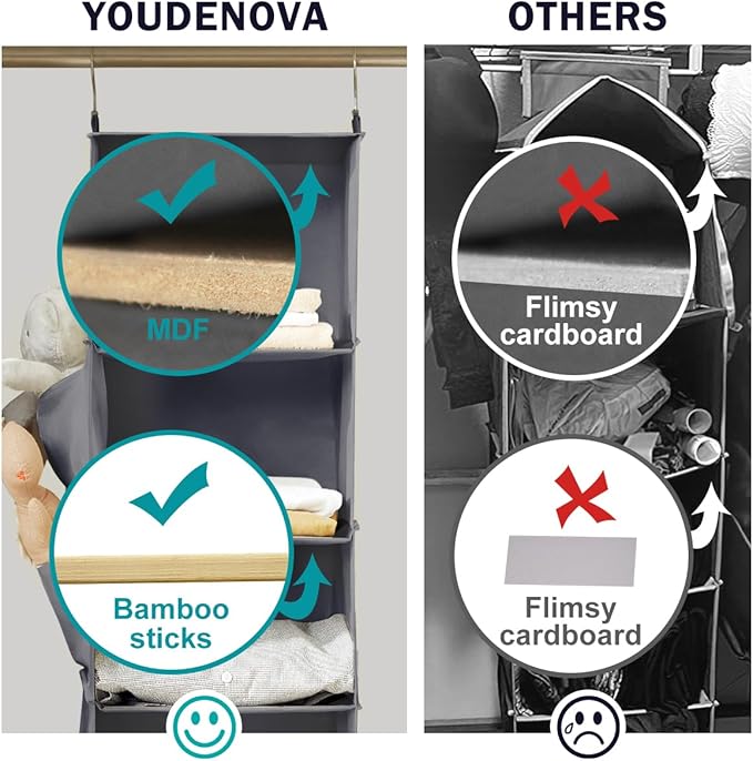 YOUDENOVA Hanging Closet Organizer, 3-Shelf Closet Hanging Storage Shelves, Grey