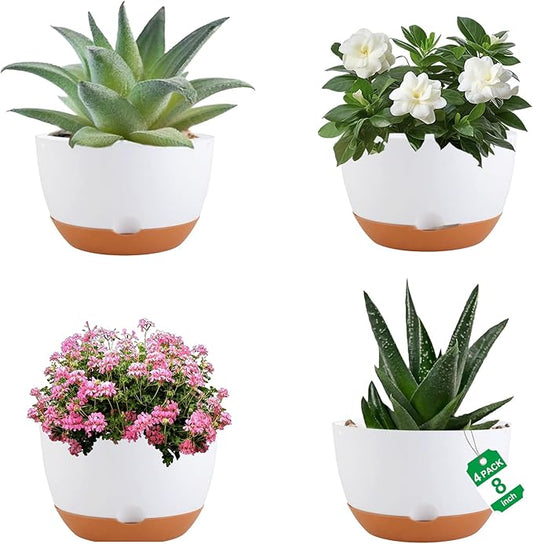 4 Pack Self Watering Pots for Indoor,8 Inch Plant Pot Outdoor Plastic Flower Pot with Drainage and Saucers(White)