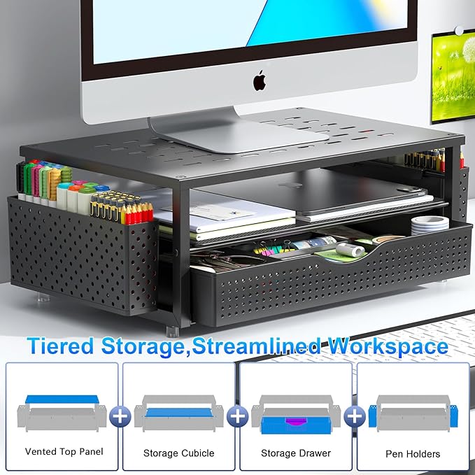 gianotter Desk Organizers and Accessories, Monitor Stand with Drawer and 2 Pen Holder, Desktop Organizer Suitable for Offices and Dormitories (Black)