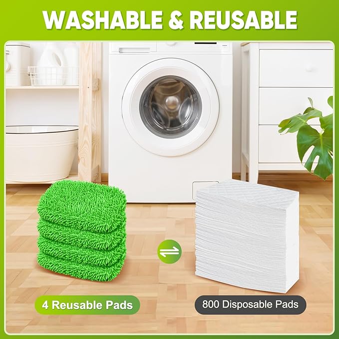 Reusable Mop Pads Fit Swiffer Sweeper, 4-Pack Microfiber Mop Replacement Pads, Washable Wet Mopping Cloths & Dry Sweeping Chenille Pads Refill for Floor Cleaning