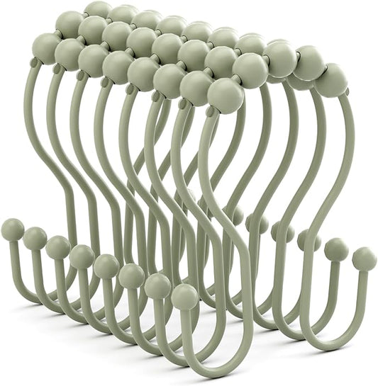 Sage Green Shower Curtain Hooks Shower Curtain Rings Rust Proof Sturdy Metal Double Shower Curtain Hooks, Shower Hooks for Shower Curtain Bathroom Shower Rod Hooks Hangers
