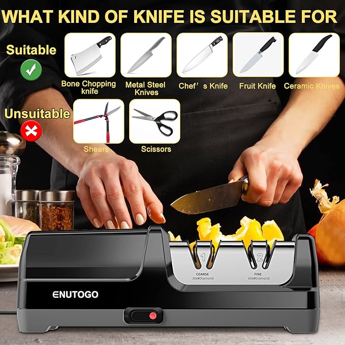 Knife Sharpener, Professional 2-Stages Eleltric Knife Sharpeners with Diamond Abrasives for 20-Degree Straight Edge, Knife Sharpener for Kitchen Knives with Sharpening and Polishing