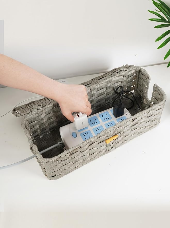 Temary Cable Management Box with Lids, 2-Pack Handmade Cable Organizer Boxes for Home, Office to Hide Cords and Power Strip, Cord Cover Floor Hider Set Woven Rattan Cable Organizer Box (Grey)