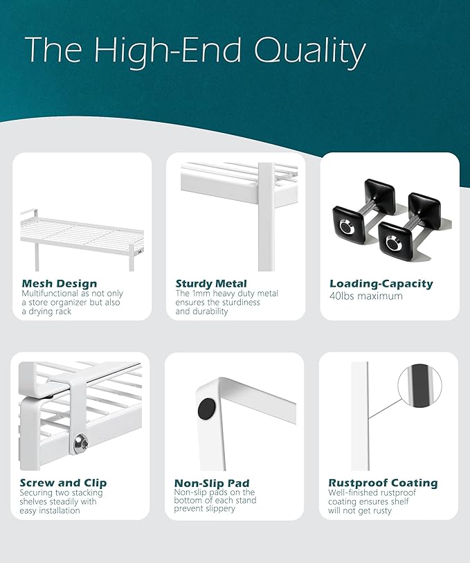 2Pack Cabinet Shelf Organizer Storage Rack Space Saving for Kitchen Counter Pantry Bathroom Cupboard Under Sink Office Table Steel Stackable Rust Resistant Heavy Duty Nonslip 16” White - Tall