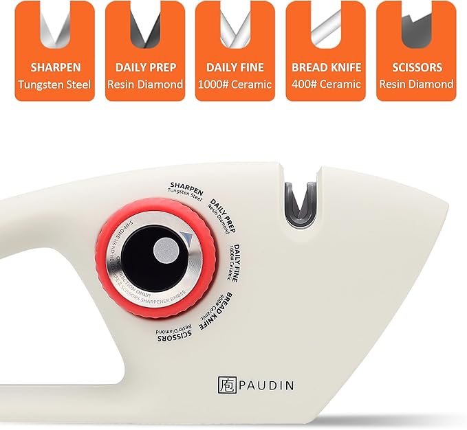 PAUDIN Knife Sharpener, Kitchen Knife Sharpener, 5 Stage Knife Sharpeners for Kitchen Knives, Pocket, Serrated Knives & Scissors, Blade Sharpening, Honing & Polishing Tool, White
