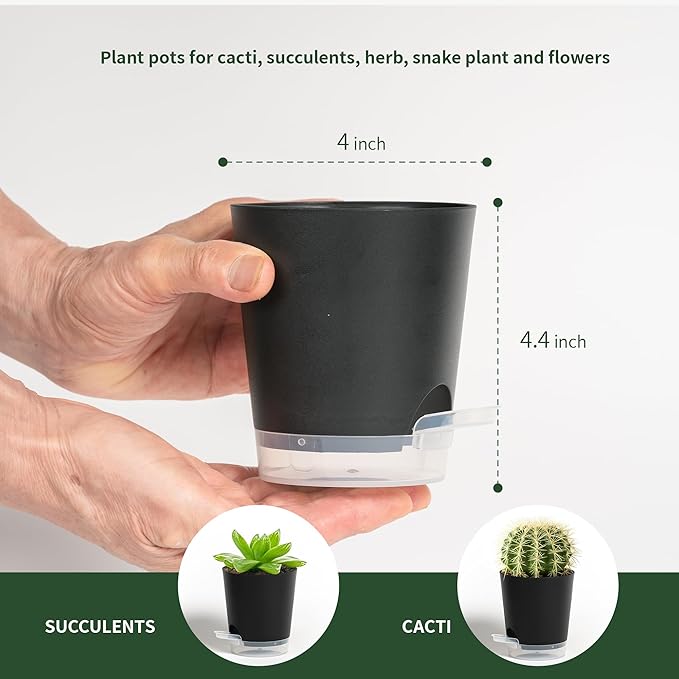 4 Inch 5 Pack Small Self Watering Pots for Indoor Plants, Nursery Pot with Drainage Holes and Saucers, Plastic Small Flower Planter for Succulent, Aloe, Cacti and More(Black)
