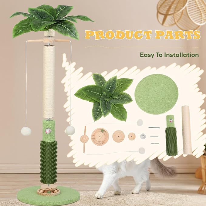 Cat Scratching Post,37.5'' Tall Sisal Cat Tree Scratching Post for Indoor Cat,Cat Scratcher with Cute Mouse Hole Toy,Interactive Ball and Rotating Ball Self Groomer Brush for Kittens Adults Cat