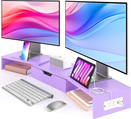 Elephance Dual Monitor Stand with USB Ports,Wood Computer Monitor Stand with Drawer,Adjustable Monitor Stand Riser,Desk Organizer for PC,Computer,Laptop,Purple Pink