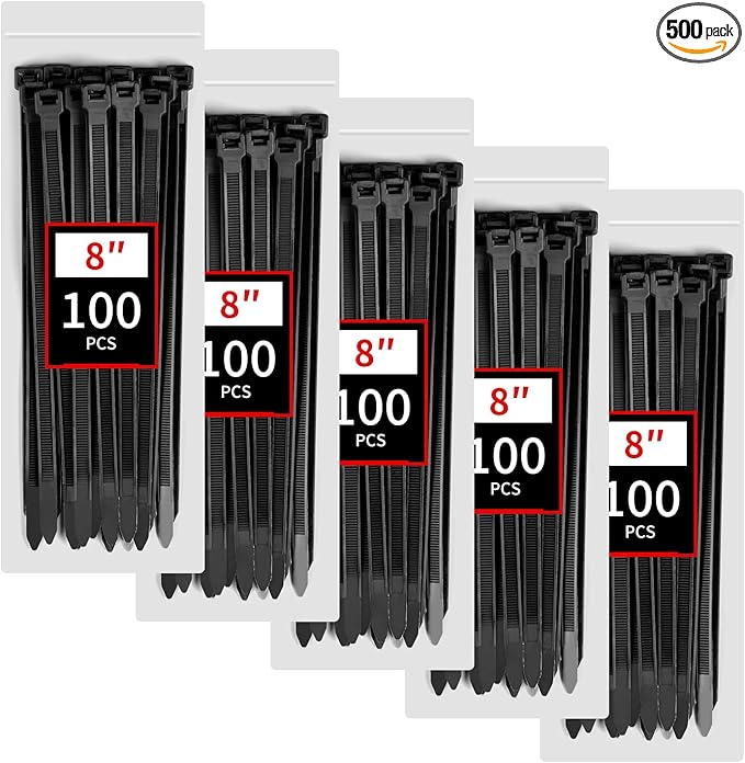 Zip Ties Heavy Duty, BethTie 500 Pack (8Inch) Black Cable Ties, Self-Locking Plastic Wire Ties with 120lb Tensile Strength, Black Nylon Zip Ties for Indoor