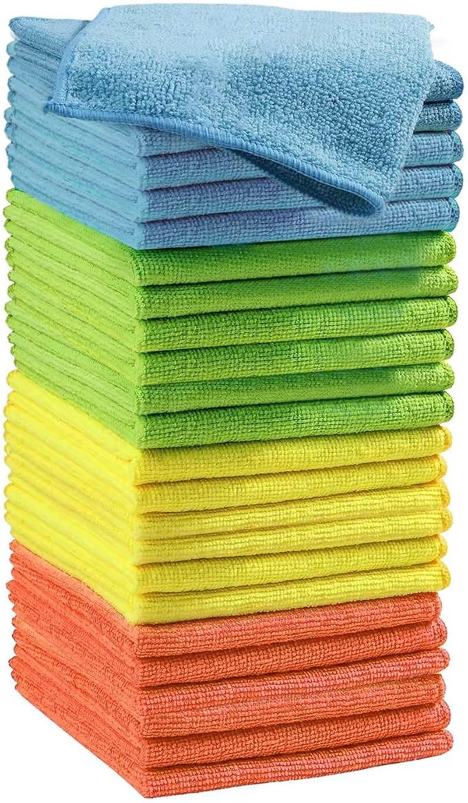Microfiber Cleaning Cloths (24-Pack), 14" x 14", Ultra Absorbent, Lint-Free, Streak-Free, Reusable, Ideal for Car, Kitchen, Window, and Household Cleaning (Orange/Yellow/Green/Blue)