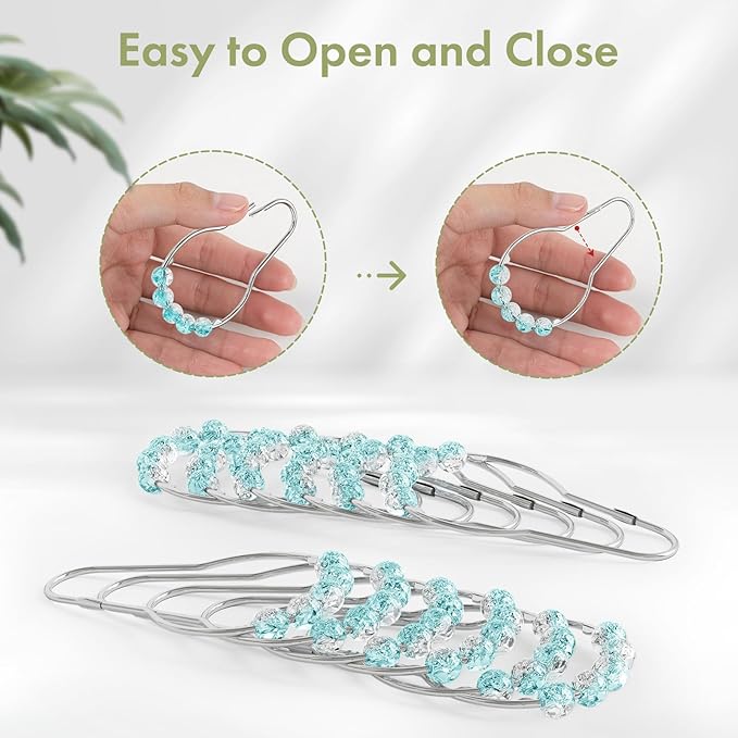 Amazer Shower Curtain Rings, Decorative Shower Curtain Hooks, Shower Curtain Hooks, Rustproof Stainless Steel Shower Hooks for Bathroom Shower Curtain-Set of 12, Ice Blue