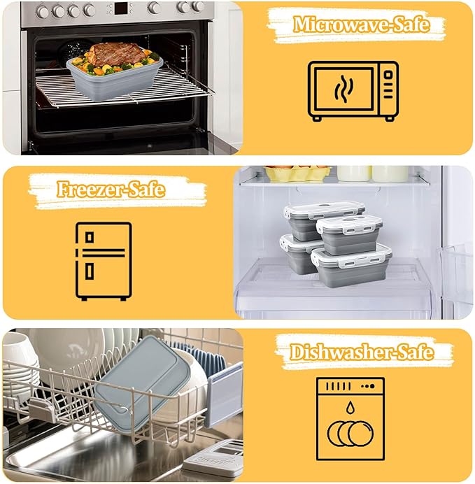 Collapsible Food Storage Containers with Lids, Silicone Meal Prep Containers BPA Free, Lunch Containers Collapsible Bowls Sets for Camping Storage Containers, Microwave Freezer Dishwasher Safe, Gray