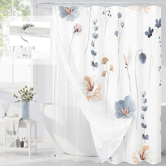 Gibelle 3 in 1 Shower Curtain Set, Blue Watercolor Floral Bath Curtain and PEVA Liner Set with 12 Double Sided Steel Hooks, Waterproof Fabric Bathroom Curtain 72x72