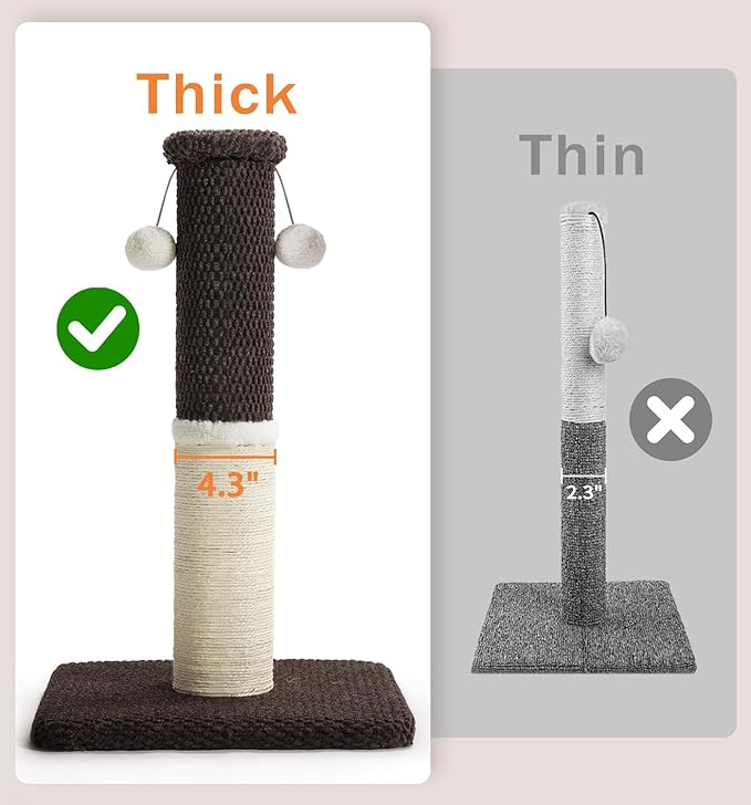 Made4Pets Tall Cat Scratching Post, Heavy Duty and Thicker Scratching Posts for Indoor Cats Adults, 33" Natural Sisal Cat Scratcher with Hanging Balls, Sturdy Base Cat Scratch Post, Brown