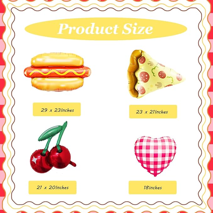 10 Pcs Food Balloon Kit Hot Dog, Pizza, Cherry Balloons and Red White Plaid Gingham Balloon for Summer Picnic BBQ/Pizza, Hot Dog Party/Picnic Themed Balloon for Birthday Party Decorations