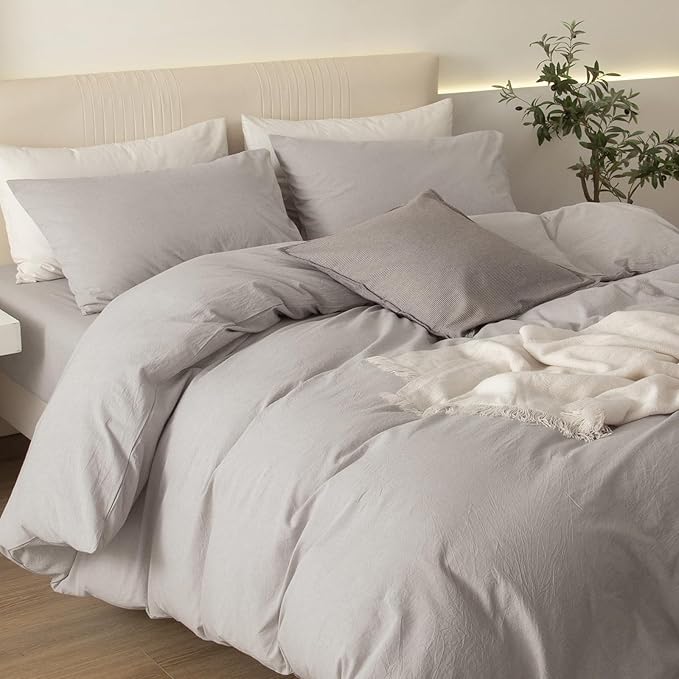 JIYUAN 100% Washed Cotton Duvet Cover Set 3 Pieces Alaska King, 1 Duvet Cover 132x120 Inches(Comforter Not Included) and 2 Pillowcases,Linen Feel Bedding Set Comfy and Breathable,Heathered Cream Grey