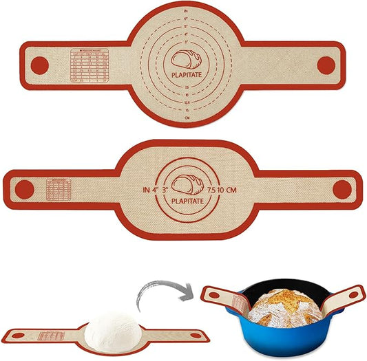 Silicone Bread Sling Dutch Oven Liner, Non-Stick & Easy Clean Reusable Oval and Round Silicone Bread Baking Mat with Long Handles, Easy to Transfer Sourdough Bread - 2 Red Set