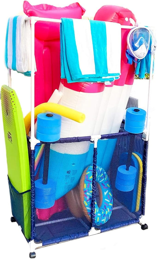 Pool Equipment Holder with Towel Drying Bars, Mesh Rolling Multi Use Storage Organizer Bin, Large Towel Hanger (25" L x 34.5" W x 62.6" H), Blue/White