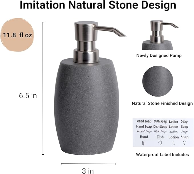 Sandstone Textured Resin Soap Dispenser with Metallic Pump and Waterproof Bottle Labels for Bathroom Kitchen Dish Hand Wash Shower Lotion Shampoo, 12 Oz, Gray