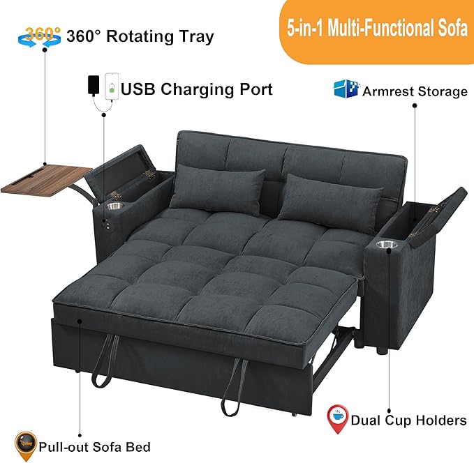 66" Multi-Functional Pull-Out Sofa Bed with Hidden Side Table, Storage Armrests, Built-in Charging Port, Spring Mattress, Solid Wood Frame – Ideal for Small Spaces, Easy Assembly