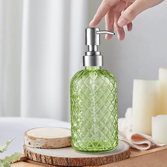 14 Oz Refillable Glass Soap Dispenser with Rust Proof Stainless Steel Pump, for Dispense Hand soap, Body wash, Lotion (Green)