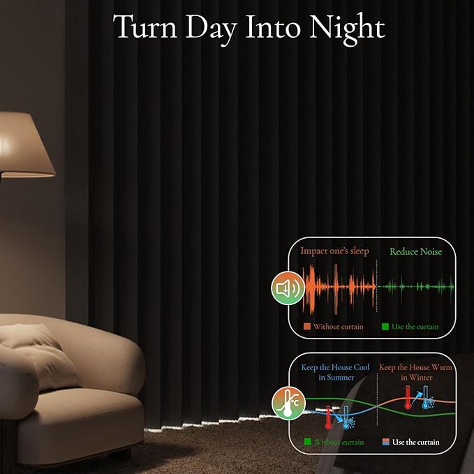 100% Blackout Memory Trained Pleated Curtains with Magnetic Closure, Pinch Pleat Window Curtain for Bedroom Living Room Window Treatment, 1 Panel, W45 x L84, Black