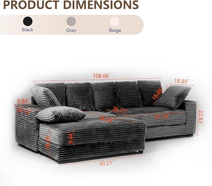 108" Oversized Sectional Sofa Modular Deep Seat Sofa Couch with Storage Ottoman, Upholstered Comfy Cloud Couches with 8 Pillows, Modern L-Shaped Corduroy Sofa Chaise for Living Room, Apartment, Gray