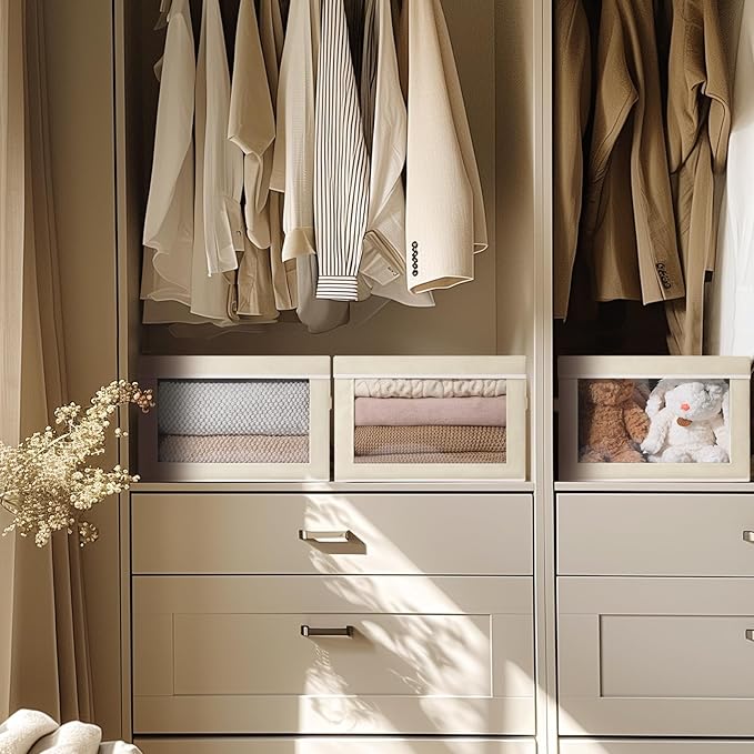 Storage Boxes with Lids - 3 Pack Fabric Clear Window Storage Bins, Collapsible Storage Bins with Lids, Linen Closet Organizer for Clothes, Towel, Blanket, Beige