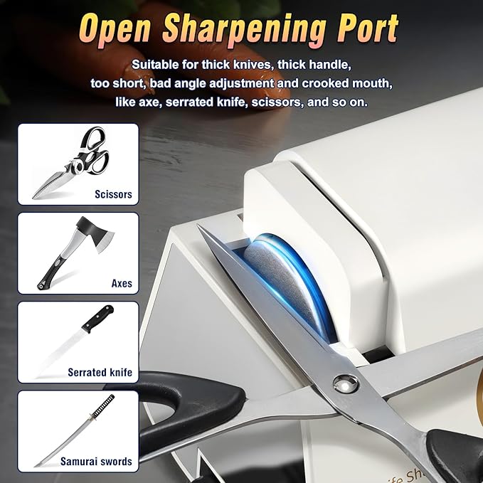 Professional Electric Knife Sharpeners with Diamond Abrasives and Precision Angle Guides, Multifunctional 4-Stage Slots and a hidden Knife Sharpener Rod, Suitable for various knives, scissors, axes ﻿