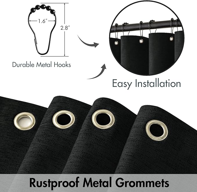 MIULEE Extra Long Linen Shower Curtain 96 Inches Long with 12 Metal Hooks Washable Fabric Curtain Set Waterproof Neutral Thick Cloth Shower Curtains for Bathroom Hotel Bathtub, Black