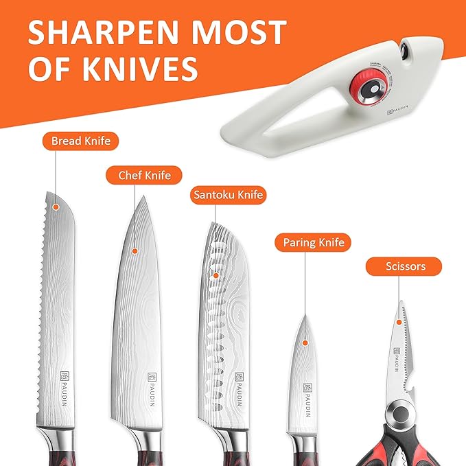 PAUDIN Knife Sharpener, Kitchen Knife Sharpener, 5 Stage Knife Sharpeners for Kitchen Knives, Pocket, Serrated Knives & Scissors, Blade Sharpening, Honing & Polishing Tool, White