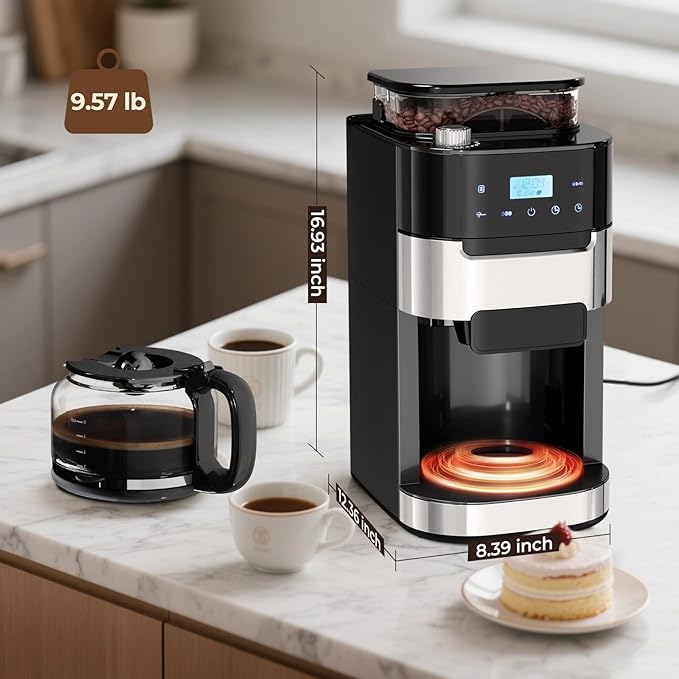 Drip Coffee Maker with Grinder Built In, 10-Cup Grind and Brew Coffee Machine Fully Automatic, Programmable with Brew Strength, Permanent Filter, Glass Carafe, 50oz Water Tank, Ideal for Home/Office