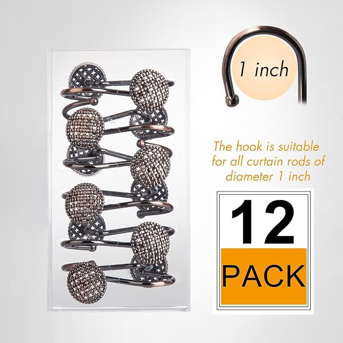 Pearlbee Bronze Shower Curtain Hooks Rings,Oil Rubbed Bronze Decorative Shower Curtain Hooks,Rustproof Vintage Shower Hooks for Bathroom,Set of 12