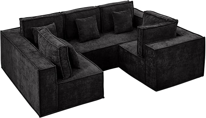 108'' Boneless Chenille U Shaped Couch, Oversized Modular Sectional 5 Seater Sofa, Modern Deep Seat Corner Cloud Compressed Couch, No Assembly Sleeper Sofa with Chaise for Living Room, Black
