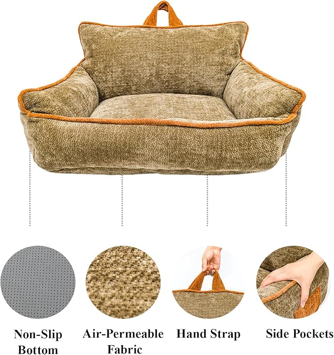 Small Dog Bed, Washable Pet Bed with Removable Cover, with Sides, Carry Handle & Side Pockets .Plush Chenille Orthopedic Pet Bed Couch for Small Breed Dogs & Cats .Calming