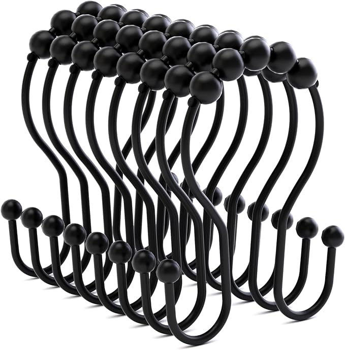 Shower Curtain Hooks Shower Curtain Rings Black Shower Curtain Hooks RustProof Smooth Metal Double Shower Curtain Hook, Shower Hooks for Shower Curtain Liner Bathroom Shower Rod Hook
