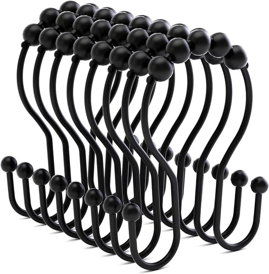 Shower Curtain Hooks Shower Curtain Rings Black Shower Curtain Hooks RustProof Smooth Metal Double Shower Curtain Hook, Shower Hooks for Shower Curtain Liner Bathroom Shower Rod Hook