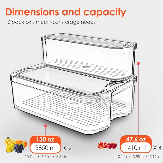 Fridge Organizers and Storage, 6 Pack Clear Freezer Organizer Bins with Lids for Kitchen, Pantry, Refrigerator, Food, Fruit, Vegetable Storage