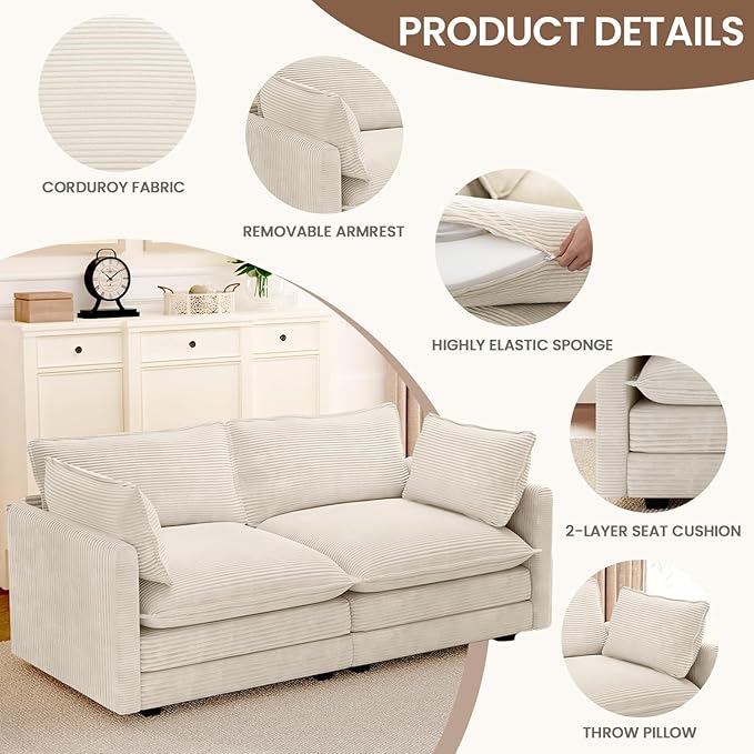 ROWHY 78'' Sectional 2 Seat Cloud Loveseat with 2 Throw Pillows, Modern Corduroy Love Seat, Cozy Sofa for Living Room, Office and Bedroom, Beige