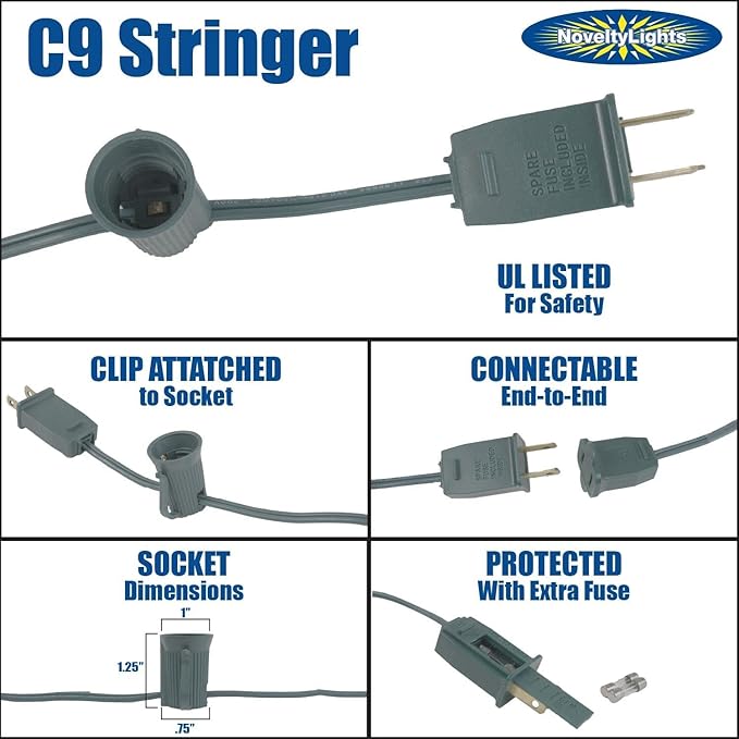 Novelty Lights 25 Foot C9 Green Ceramic Christmas String Light Set - Outdoor Christmas Light String - – Opaque Christmas Bulbs - Roofline Light String – Outdoor String Lights - Green Wire