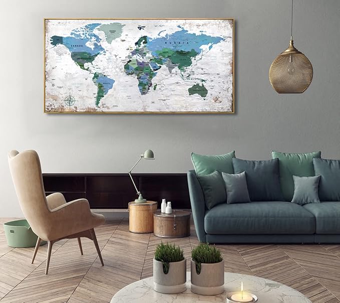 Framed Wall Art World Map Wall Art Canvas Picture 20inchx40inch Large Blue Map of The World Canvas Painting Artwork Prints for Office Wall Decor Home Living Room Decorations Framed Ready to Hang