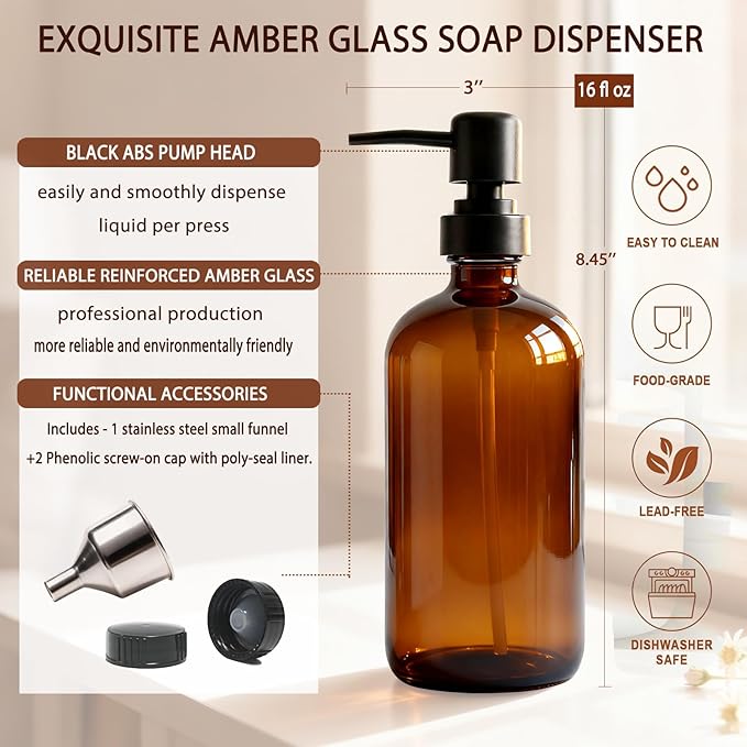 16 Oz Amber Glass Soap Dispenser with Black Pump, Refillable Liquid Hand soap Dispenser for Bathroom, 2 Pack Premium Kitchen Soap Dispenser