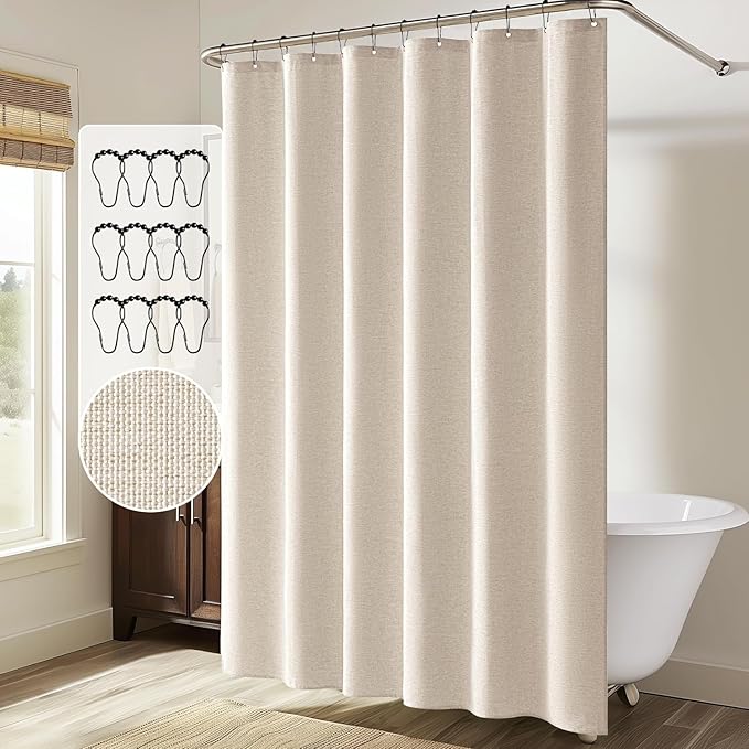 MIULEE Extra Long Linen Shower Curtain 84 Inch Long with 12 Metal Hooks Washable Beige Fabric Shower Curtain Set Waterproof Neutral Thick Cloth Shower Curtain for Bathroom Hotel Bathtub,72 x 84, Cream