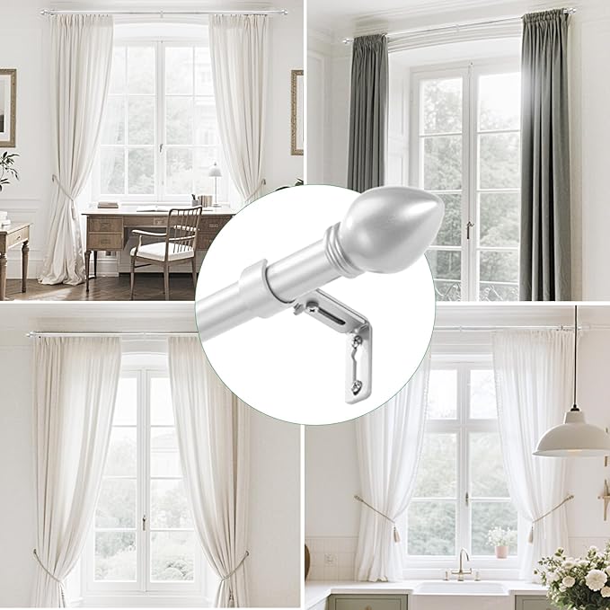 Curtain Rods for Windows 16 to 76 inches, Curtain Rod Max Adjustable Length to 88 in, Drapery Rod 1 inch Diameter with Modern Knobs Finials (Satin Silver, 16" to 76" - Set of 1)