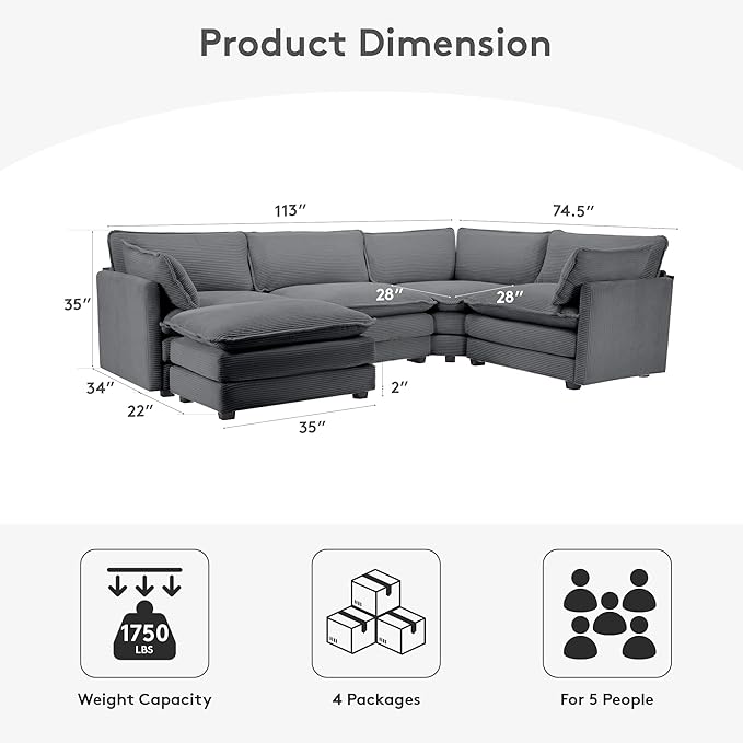 ROWHY 113'' Modular Sectional Cloud Corner Couch, 5 Seater L Shape Sofa Big Comfy Corduroy Oversized Couch with 2 Pillows Movable Ottoman, Deep Seat Sectional Couches for Living Room Office Dark Grey