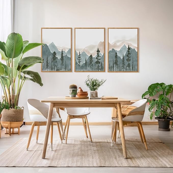 CHDITB Mountain Framed Wall Art Set Of 3,Mountains Woodland Artwork Foggy Forest Wall Decor, Pine Trees Wall Painting,Watercolor Nature Art Prints For Bedroom Living Room Decor(12X16 Inch)