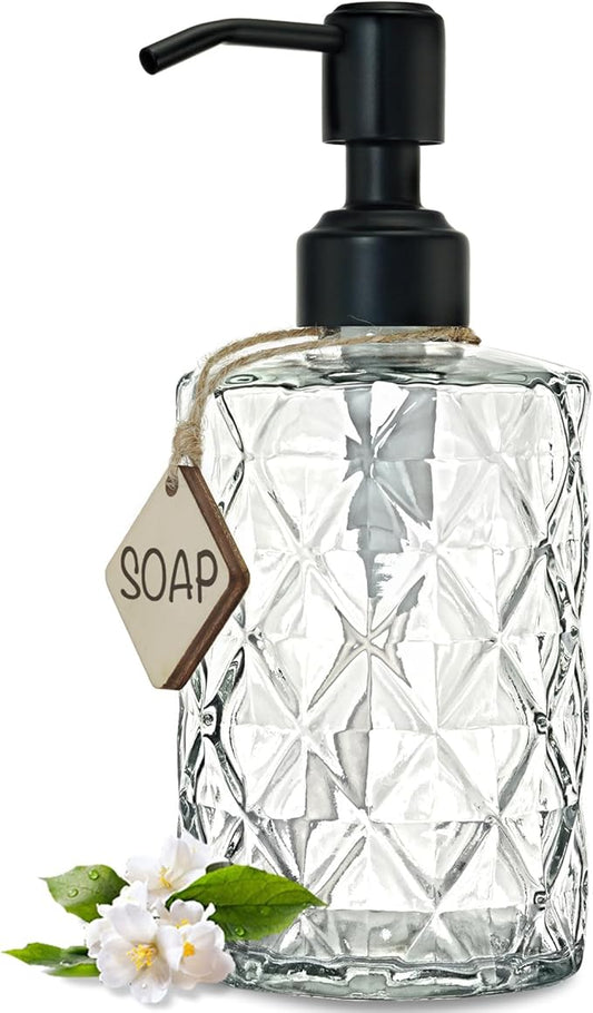 JASAI Diamond Design 12 Oz Glass Soap Dispenser with Black Pump, Small Hand soap Dispenser with Rust Proof Pump, Bathroom Soap Dispenser for Hand Soap, Soap, Lotion(Black).