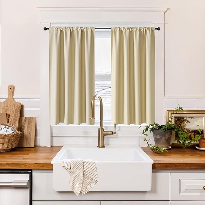RYB HOME 100% Blackout Short Curtains for Small Window, Thermal Insulated Total Room Darkening Noise Reducing Curtains for Kitchen Bathroom Basement, 42 inches Wide by 36 inches Long, Biscotti Beige